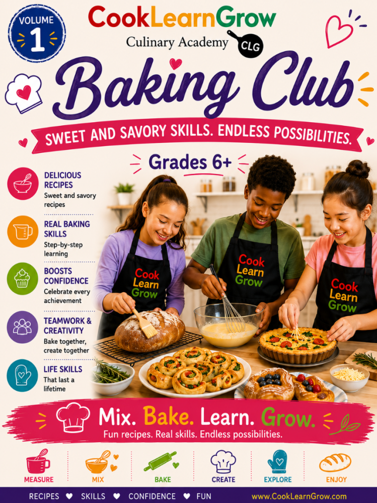 Three children baking together, surrounded by colorful kitchen items and foods.