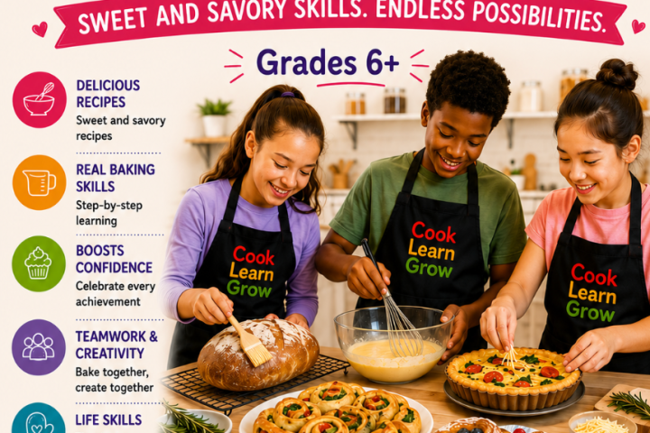 Three children baking together, surrounded by colorful kitchen items and foods.