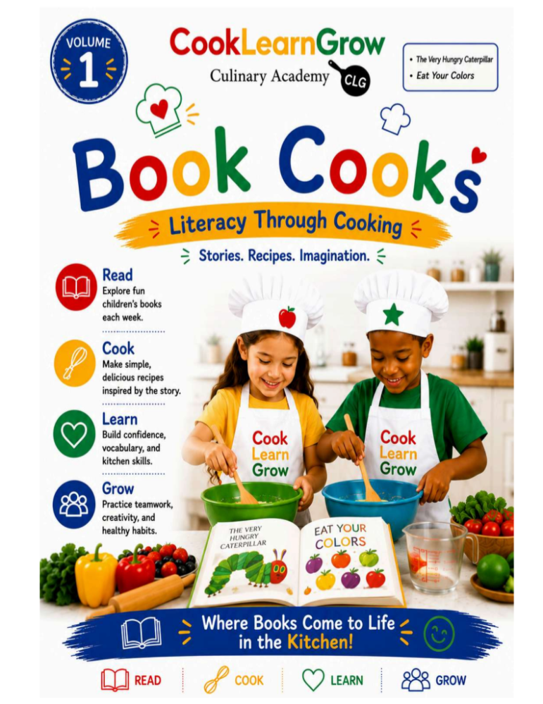 Two children cooking with a book titled 'Book Cook's: Literacy Through Cooking' on the cover.
