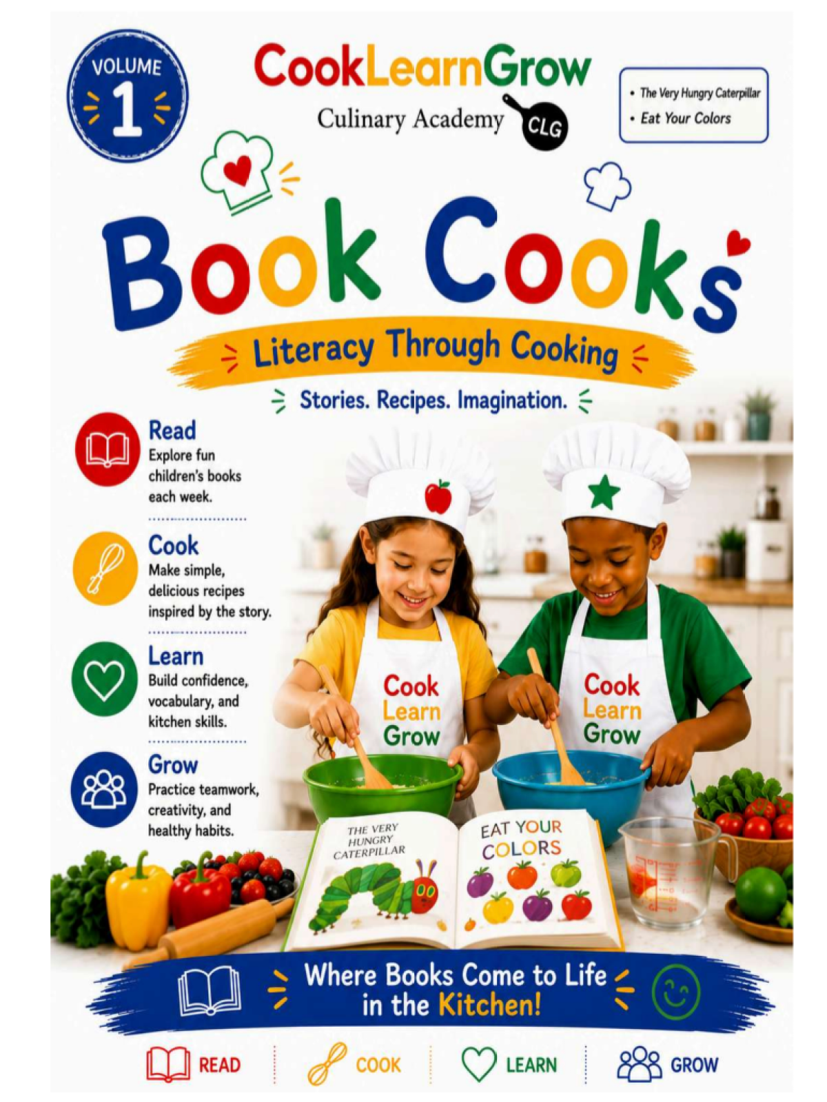 Two children cooking with a book titled 'Book Cook's: Literacy Through Cooking' on the cover.