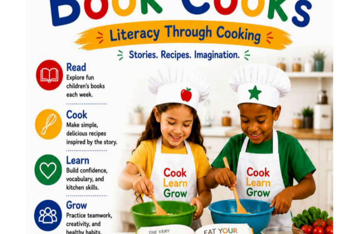 Two children cooking with a book titled 'Book Cook's: Literacy Through Cooking' on the cover.