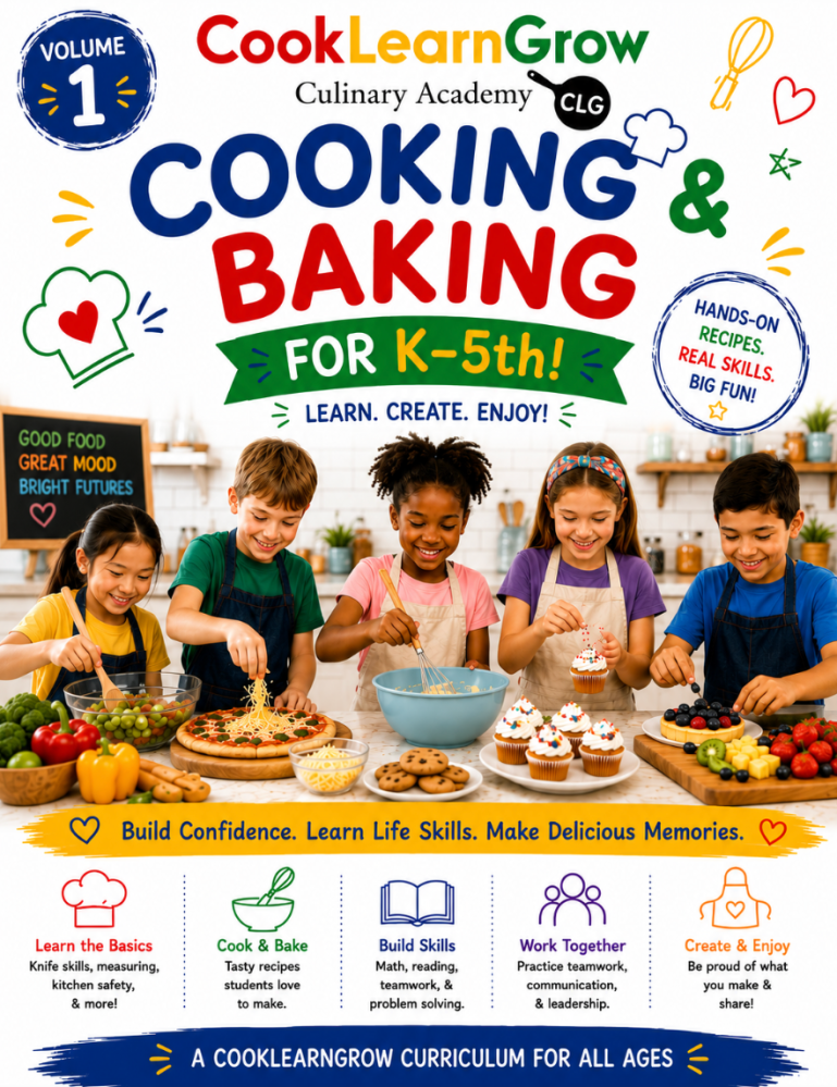 Children cooking and baking in a fun culinary class setting.