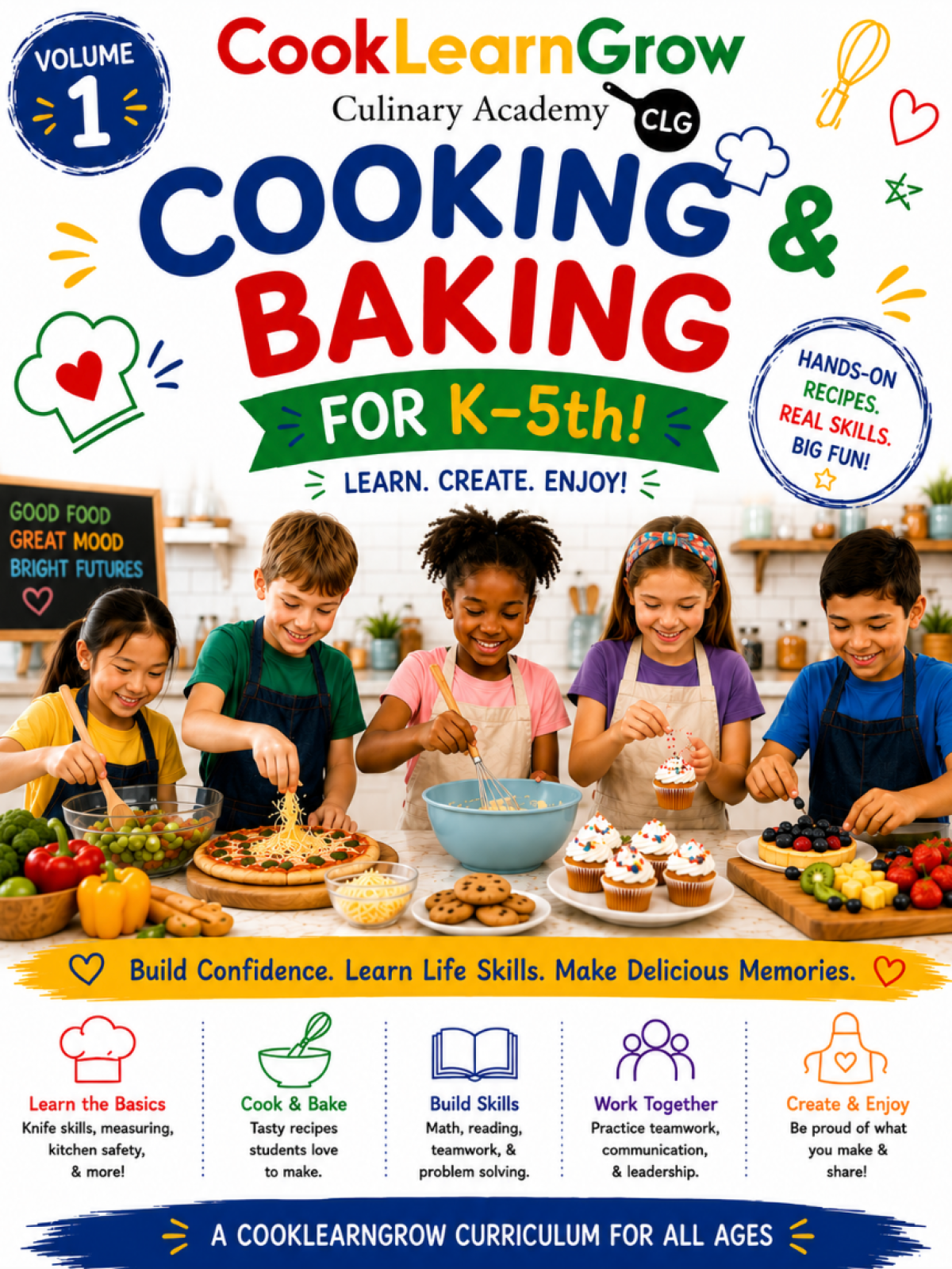 Children cooking and baking in a fun culinary class setting.