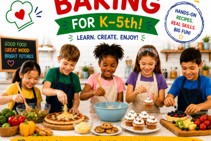 Children cooking and baking in a fun culinary class setting.
