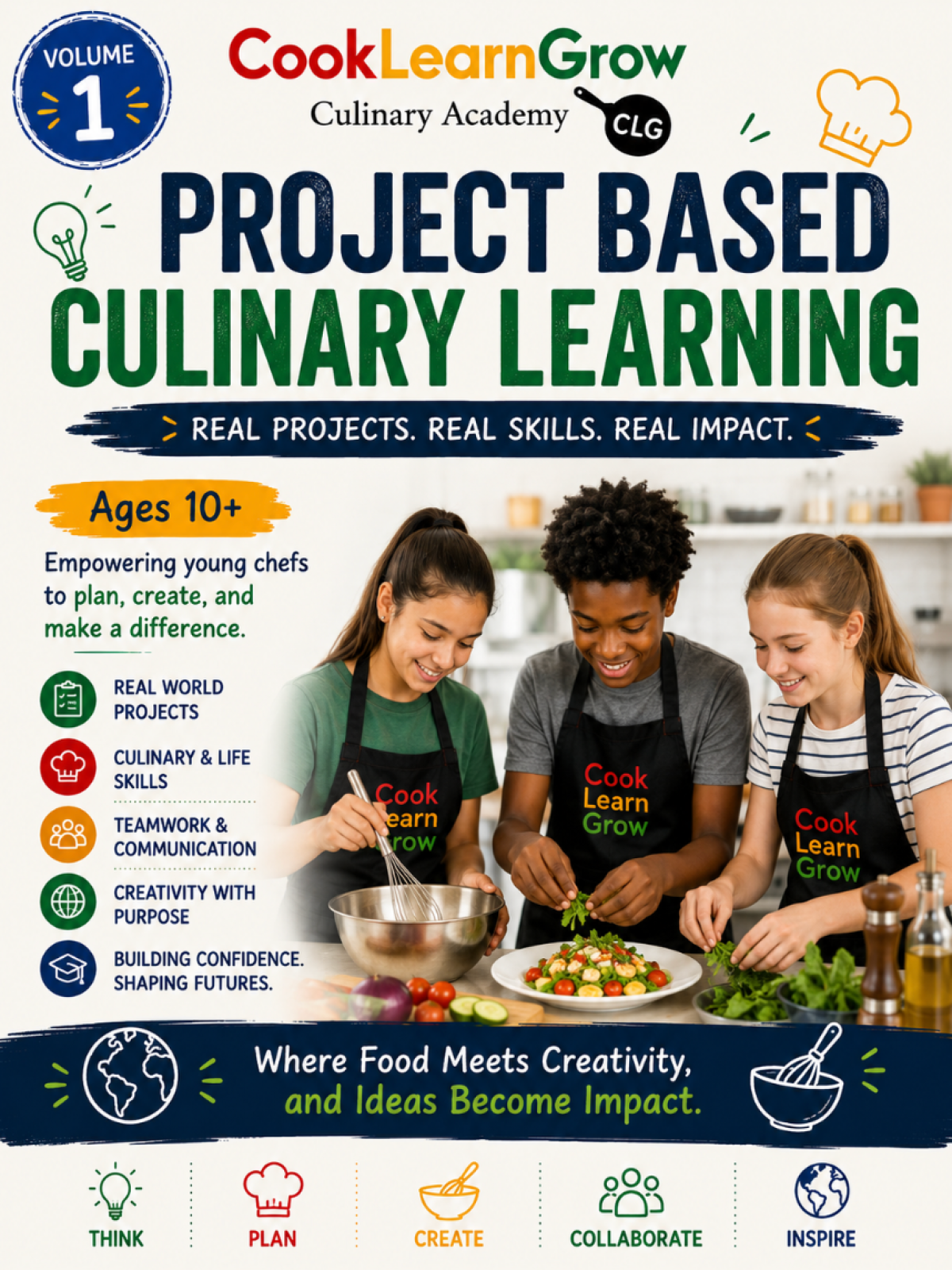 Four young chefs cooking in kitchen with 'Project Based Culinary Learning' guide.