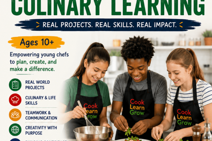 Four young chefs cooking in kitchen with 'Project Based Culinary Learning' guide.