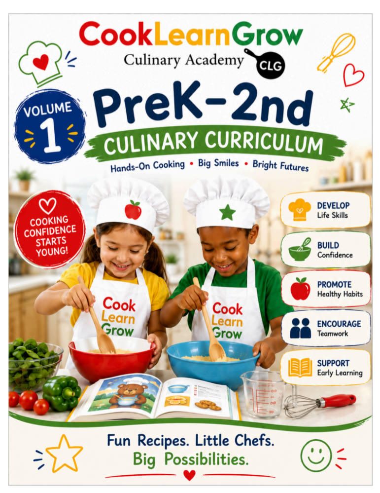 Two children cooking with kitchen utensils and book, labeled 'PreK-2nd Culinary Curriculum'.