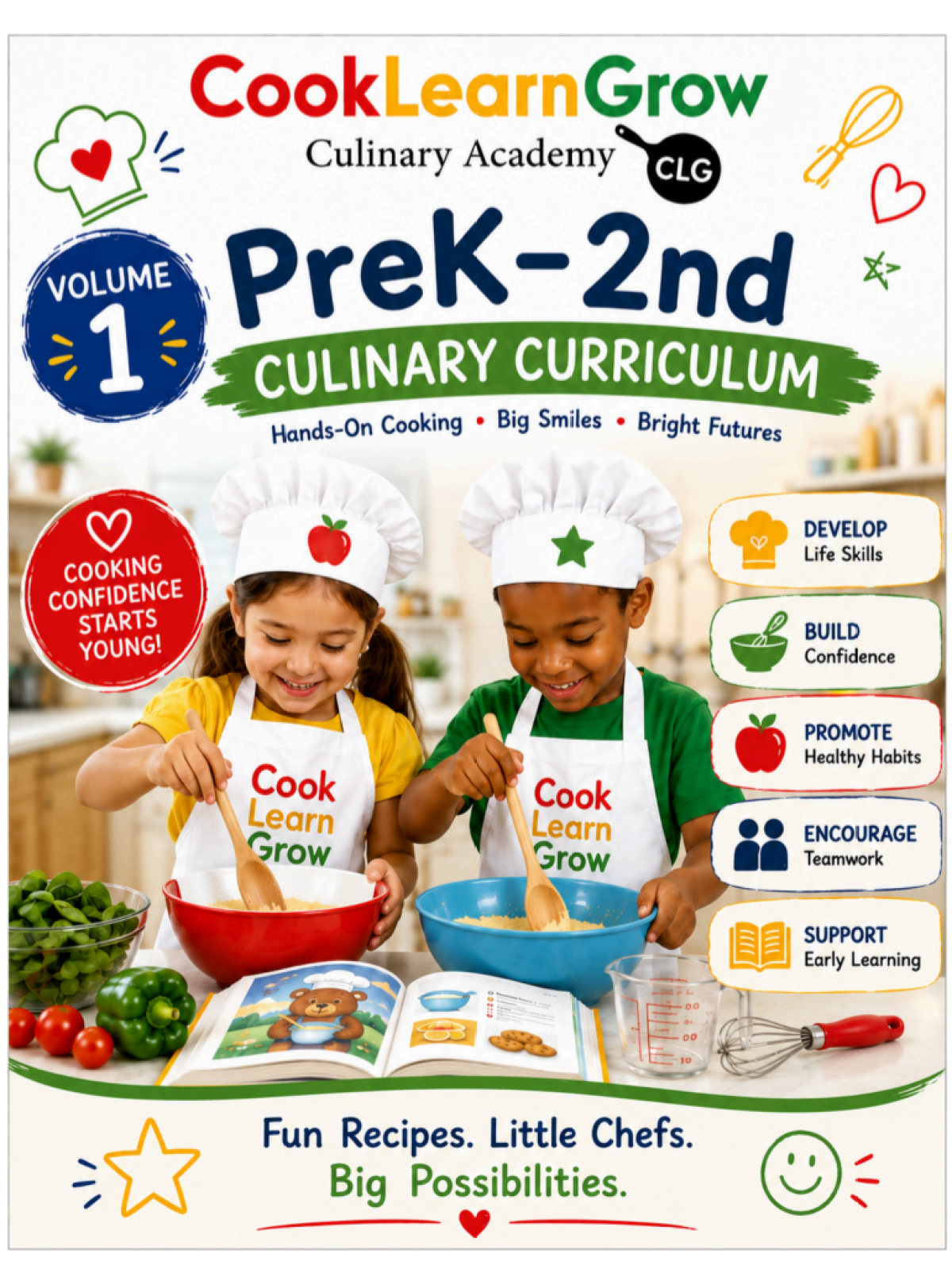 Two children cooking with kitchen utensils and book, labeled 'PreK-2nd Culinary Curriculum'.