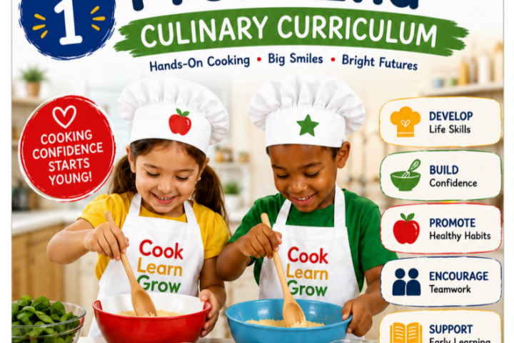 Two children cooking with kitchen utensils and book, labeled 'PreK-2nd Culinary Curriculum'.