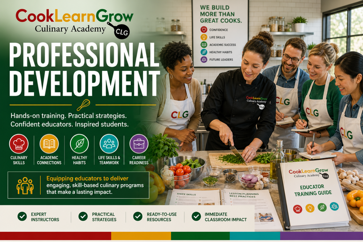 Group of culinary instructors in aprons at a training session, chopping ingredients and discussing.