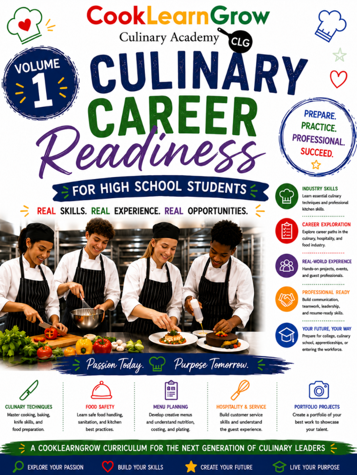 Poster for Culinary Career Readiness program; students cooking, kitchen skills emphasized.