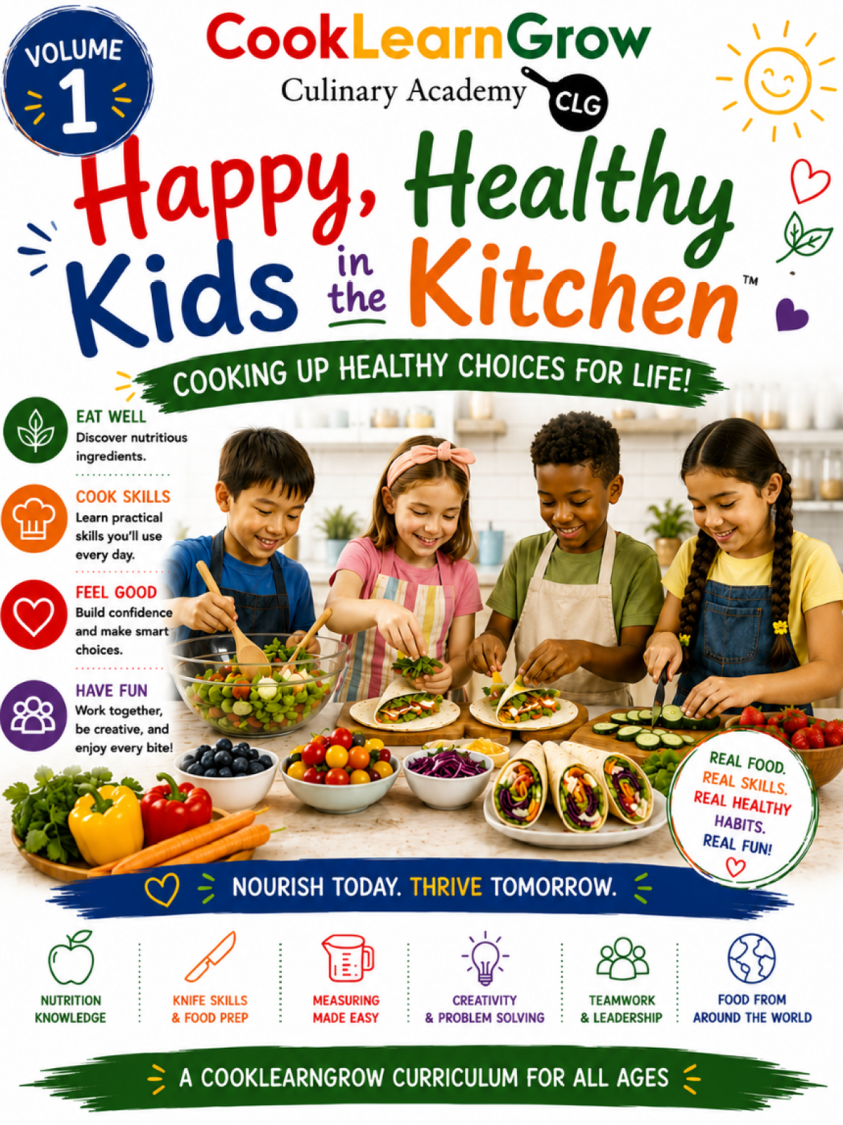 Diverse kids cooking and smiling in a kitchen, promoting healthy eating and learning.