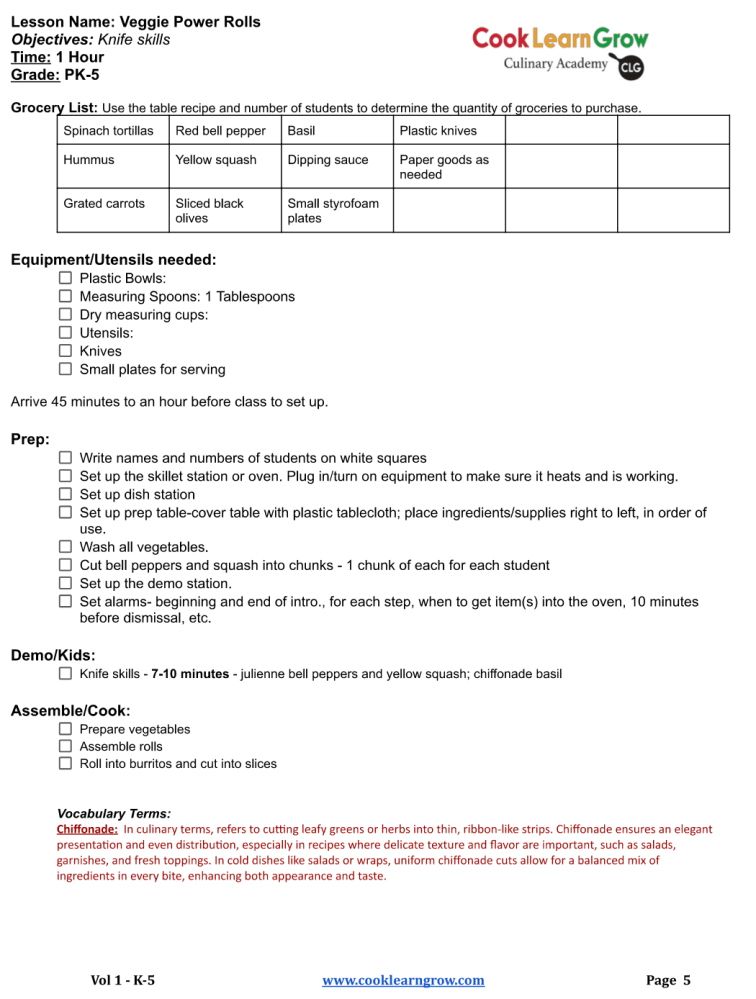 Curriculum page on making veggie power rolls with ingredients and steps for kids.