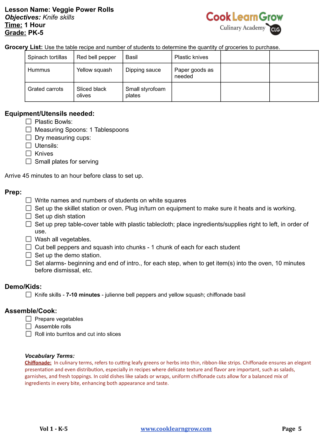 Curriculum page on making veggie power rolls with ingredients and steps for kids.